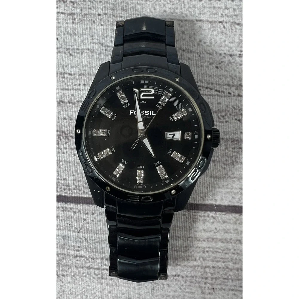 Fossil Black Stainless Steel Crystal Accent Watch For Parts‎